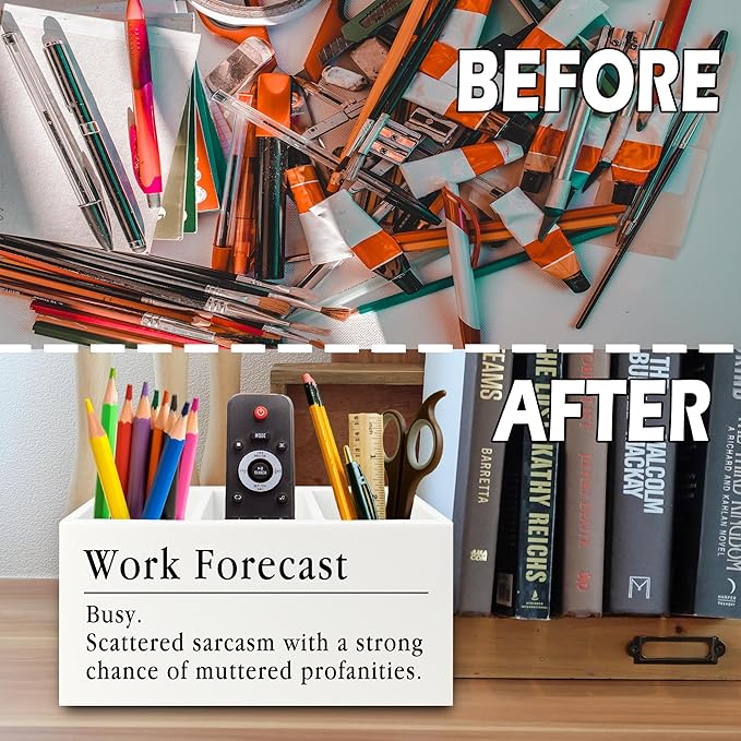XPH Funny Pen Pencil Holder Organizer for Desk, Funny Coworkers Gifts for Women, Office Humor Gifts, Work Forecast Wooden Box Sign for Home Office Desk Tabletop Decorations