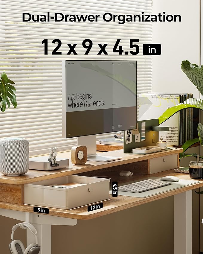 FEZIBO 48 x 24 Inch Height Adjustable Electric Standing Desk with Double Drawer, Stand up Home Office Computer Desk with 4 Height-Adjustable Feets & 2 Hooks,Maple