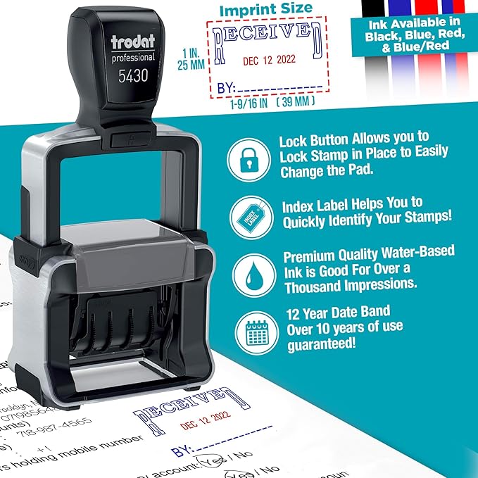 Trodat 5430 Professional Self-Inking Date Stamp with Received - Blue/Red 2 Color Ink