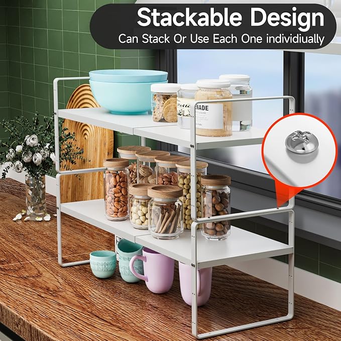 jkxoo 2Pack 16.5-27’’L Expandable Kitchen Shelf Organizer, Stackable Shelves Organizer, Adjustable Height Pantry Spice Rack for Cabinet, Countertop, Pantry and Cupboard, White