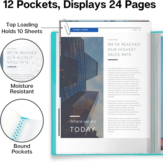 Dunwell Presentation Binder 12-Pocket, Displays 24 Pages, 8.5x11 Portfolio Binder with Plastic Sleeves, Storage and Organizer for Documents, Certificates, Projects, Photos (3 Pack, Aqua)