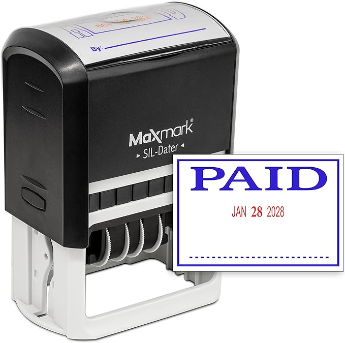 MaxMark Large Self-Inking Rubber Date Office Stamp with Paid Phrase & Date - Blue/Red Ink, 12-Year Band - Style 3