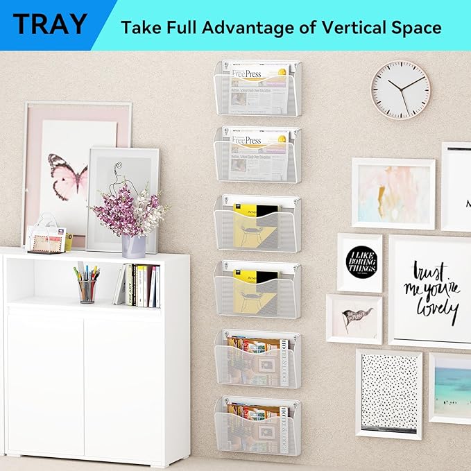 GDINDINFAN 3 Single Pocket Wall File Holder, Mesh Hanging File Folder Paper Organizer, Vertical Wall Mounted Mail Basket, Storage Organization Magazine Rack for Office, Home and School, White