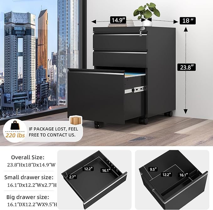 INTERGREAT 3 Drawer File Cabinet, Metal Filling Cabinets with Lock, Locking Office Mobile Cabinet with Wheels for Legal/Letter Size, Under Desk, Assembled, Black