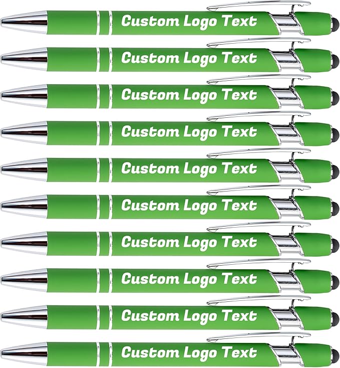 HEYZARDA Personalized Pens with Name Text Logo Custom Ballpoint Pen for Business Office Events with Stylus for Touchscreen 10 Pcs Green
