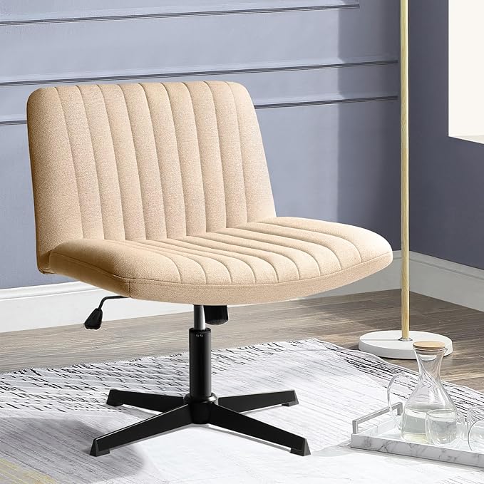 PUKAMI Criss Cross Chair,Armless Cross Legged Office Desk Chair No Wheels,Fabric Padded Modern Swivel Height Adjustable Mid Back Wide Seat Computer Task Vanity Chair for Home Office(Yellow)