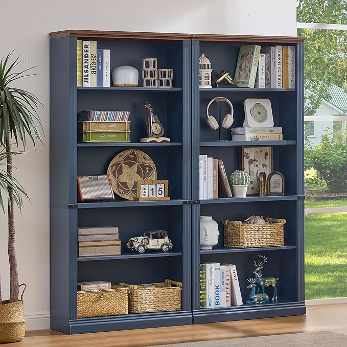 RWYHG 70" Blue Tall Bookshelf,5-Tier Thick Wooden Book Shelf with Adjustable Shelves,Free Standing Farmhouse Bookcase with Open Display Storage,Floor Vintage Bookshelves for Living Room,Office