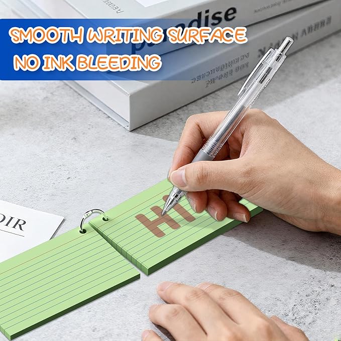 250 Count Colored 3 x 5 Inch Index Cards with Ring, Ruled Flash Cards for Office Use, Portable Note Cards for Study, Heavy Weight Flashcards for Home and School