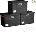 Roobyl 17" Large Collapsible Storage Bins with Lids, Stackable Closet Organizers with PU Handle and Labels, 3-Pack Decorative Fabric Storage Boxes for Home, Bedroom, Closet, Office, Nursery(Black)