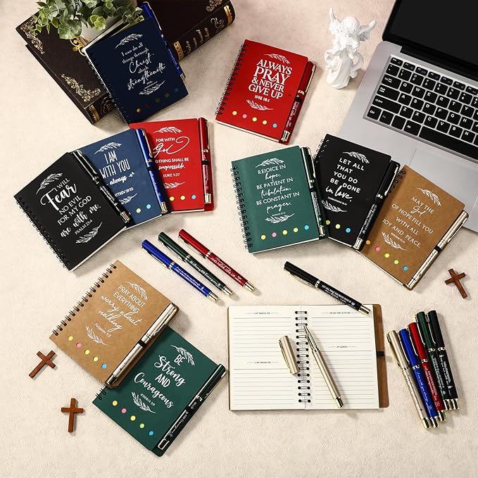 Spakon 50 Set Valentine's Day Christian Gifts Bulk Church Sticky Note Spiral Notebook Bible Verse Ballpoint Pen Prayer Journal Religious Scripture Notepad Sunday School Teacher Pastor Party Favor