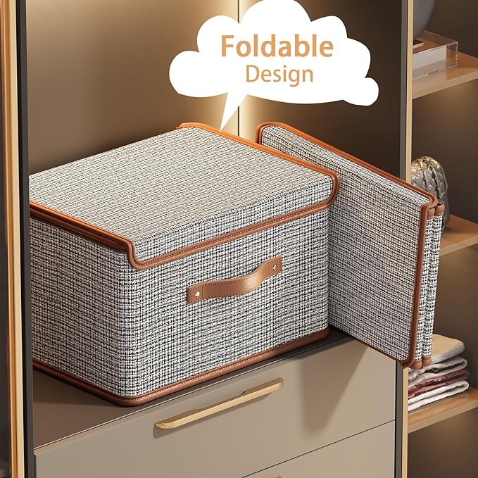 Tuza 2 Pack Storage Bins with Lids, Collapsible Closet Organizer Container, Fabric Organizer Box with Handles, Decorative Storage Boxes with Lids for Organizing Clothes, Sheet, Light Grey, Extra Large