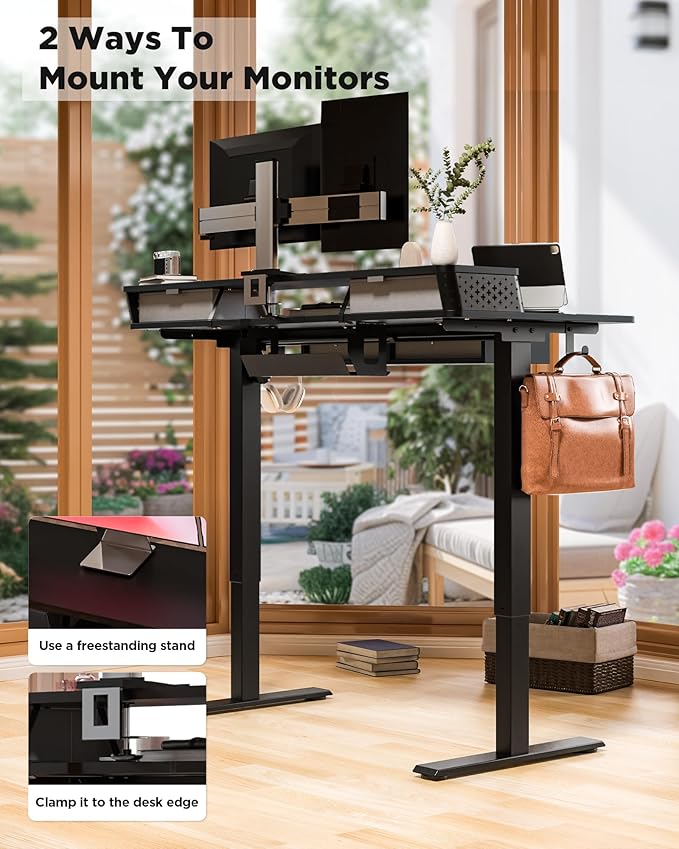 FiCiHi Electric Standing Desk with Four Drawers, Adjustable Height Sit Stand Desk, C-Clamp Compatible Home Office Desk with Storage Shelf & Monitor Stand Riser, 48 x 24 Inch,Classical Black