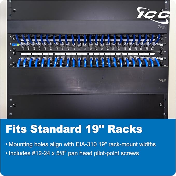 ICC 1U Finger Duct Cable Manager Panel with Cover, Plastic with Metal Back Frame, 5" Depth, Horizontal Cable Management, Rackmount for 19” Network Racks, Black, Single Pack