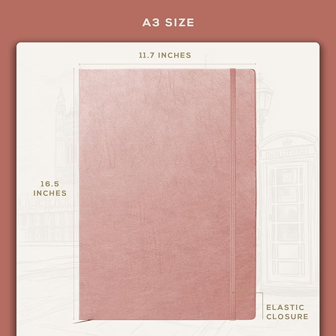 Beechmore Books A3 Sketchbook – 11.7x16.5 Premium Vegan Leather Bound Extra Large Sketch Book Hardcover, 160gsm 160 Perforated Ivory Pages, Blank Sketch Pad, Gift Boxed, Back Pocket, Ribbon Bookmark