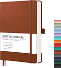 RETTACY Bullet Dotted Journal Notebook, 256 Pages, A5 Medium Size (5.7'' × 8.3''), Leather Hardcover, 120 GSM Thick Paper, for Bullet Journaling, Planning, Tracking (Brown)