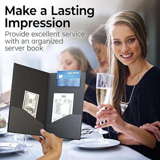 Restaurant Check Presenters - Guest Check Card Holder with Gold Thank You Imprint - 5.5" x 10" (Black, 2 Pack)