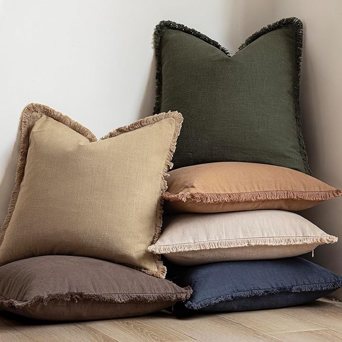 Foindtower Set of 2 Decorative Linen Fringe Throw Pillow Covers Farmhouse Cushion Cover with Tassels Soft Accent Pillowcase for Couch Chair Sofa Bed Living Room Home Decor,20×20 Inch,Light Khaki Taupe