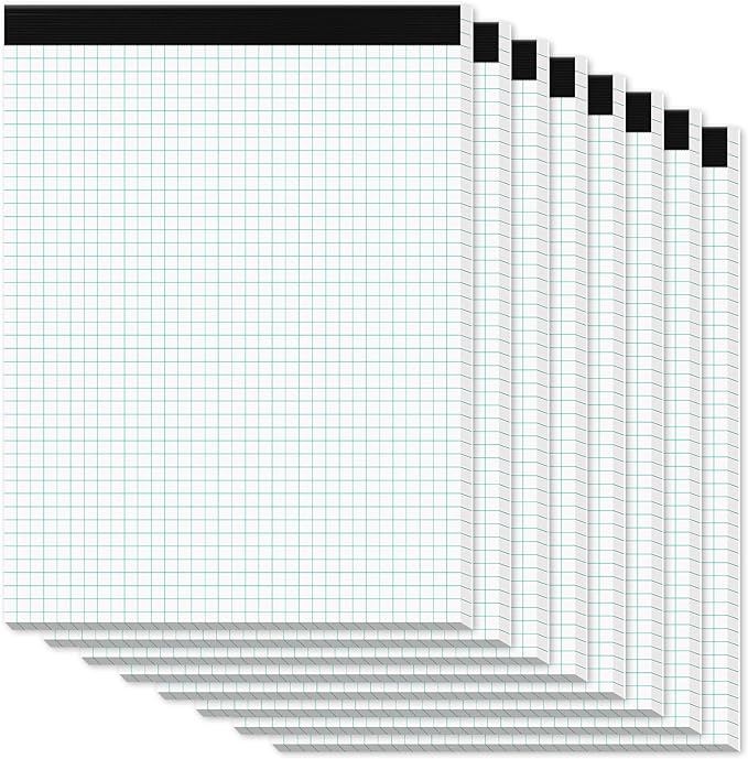 Zaviko Graph Paper Pads 8.5 x 11, 8 Pack, 4x4 Quad Grid Paper Pad 8-1/2" x 11", White Quadrille Pad, Easy Tears Off Design, Grid Notebook 8-1/2 x 11, White 70 GSM Graft Paper, 30 Sheets/Pad