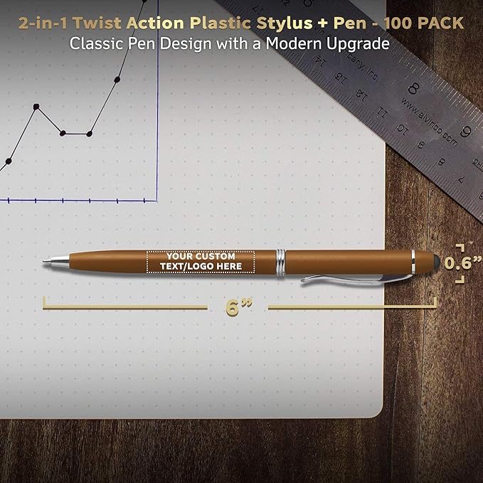 DISCOUNT PROMOS Custom Twist Action Plastic Stylus Pens, Set of 100, Personalized Bulk Pack - Pens for Work, Cool Pens for Writing, Black Ink - Gold