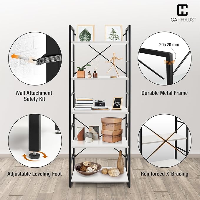 CAPHAUS 6 Tier Bookshelf, 24 Inch Width Free Standing Shelf, Bookcase Shelf Storage Organizer, Industrial Book Shelves for Home Office, Living Room, Kitchen, White Shelves & Metal Frame