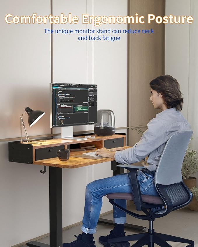 YIHAYO Electric Standing Desk with Drawers, 40 x 24 Inches Adjustable Desk with Storage Shelf, Stand Up Desk with Splice Board, Computer Table for Home Office, Black Frame/Rustic Brown Top
