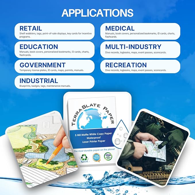 TerraSlate Waterproof Paper - Hydronote 54lb Multipurpose Copy Paper 8.5” x 11”, 100 Sheets, Inkjet Printer and Laser Printer Paper Compatible - Weather/Rain Proof, Durable, White Paper