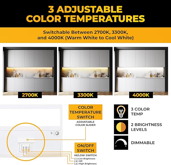 LED Under Cabinet Lighting Hardwired - 3CCT 9 Inch White Finish - Undercabinet Lights for Kitchen - Linkable Undercounter Dimmable Plug in Light or Hard Wired - Under Counter Fixture Direct Wire