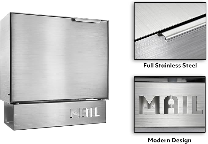 Pochar Stainless Steel Mailbox for Walls, Heavy Duty Wall Mounted Mailbox with Newspaper Holder - 11'' x 4.5'' x 11.50'' Silver Rust Proof Steel Dropbox(Silver)