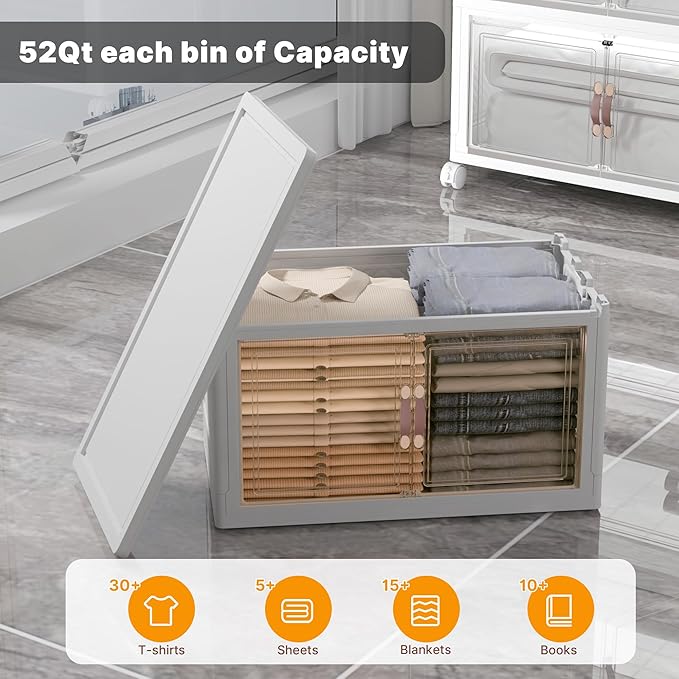 UAMFURI Extra Large Stackable Storage Bins with Lids & Wheels & Door, 208QT-52QT/13GAL*4Pack Foldable Collapsible Closet Organizers, Plastic containers drawers for bedroom Dorm