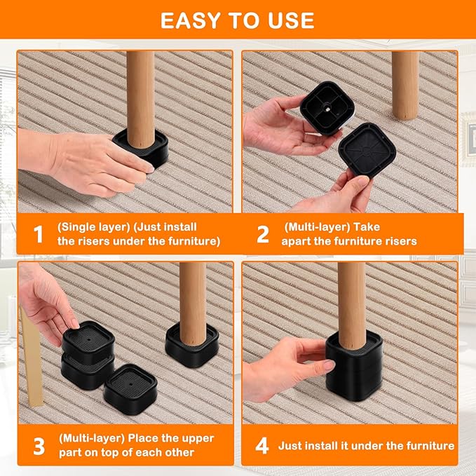 shouwuhho 6 Pack Furniture Risers Adjustable Bed Risers Heavy Duty Lifts Height 1", Square Stackable Bed Risers 1, 2 or 3 Inch for Desk Leg Table Couch Sofa Chair Bed Frame Legs Dorm, Black