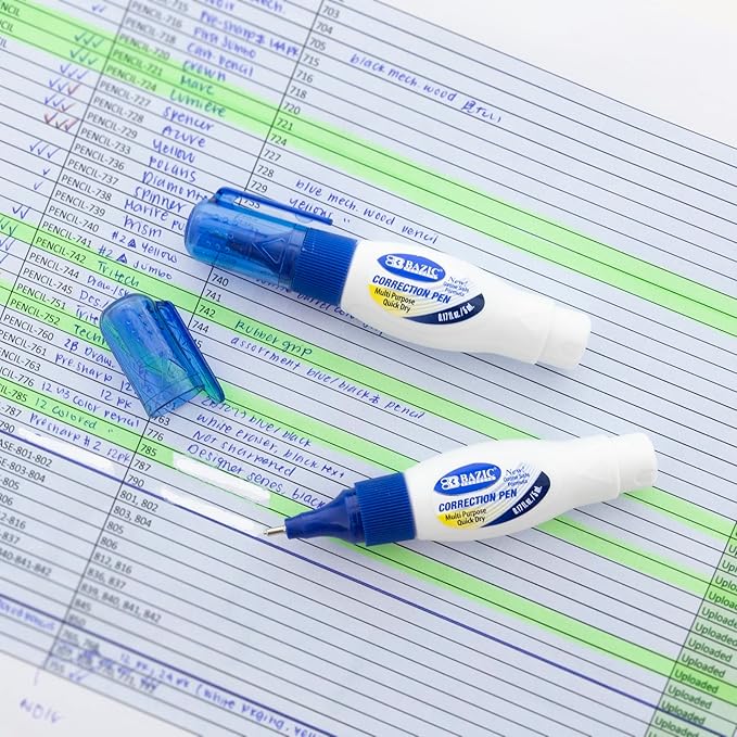 BAZIC Products Correction Pen – Corrections Fluid, Precise Metal Tip White Out, Ideal for School & Office Supplies, Alternative to Correction Solution, 2/Pack, 144-Packs