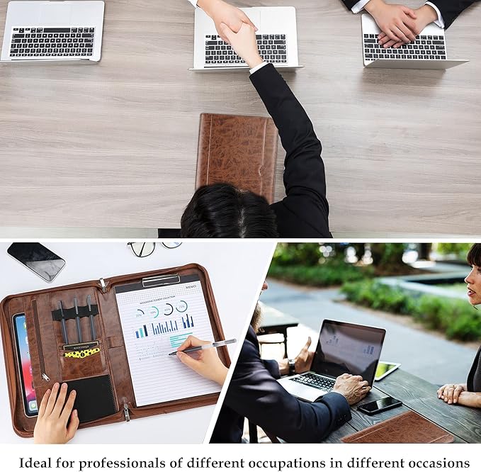 ProCase Portfolio Business Padfolio Folder with Zipper, Conference Meeting Executive File Legal Document Organizer with Pockets Letter Size A4 Writing Pad Notepad Padfolio -Brown
