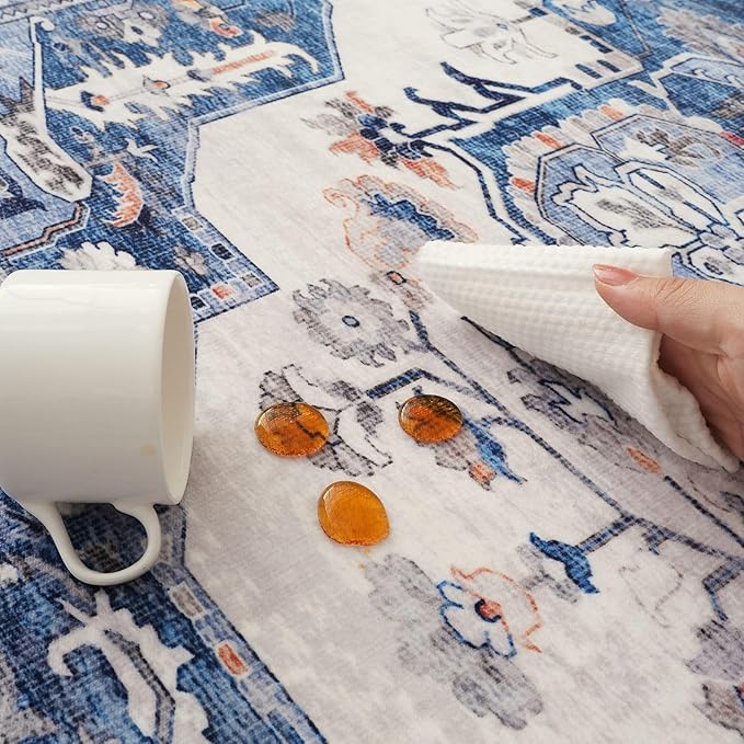 Rugcomf Vintage Medallion Kitchen Runner 2'x6' - Machine Washable Rug, Non-Slip Low Pile Boho Carpet for Hallways, Laundry, Bedroom, Bathroom - Blue
