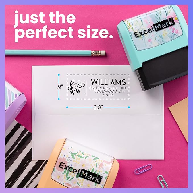 ExcelMark Address Stamp - Custom Return Address Stamp with Elegant Designs, Vibrant Colors & Patterns – Perfect for Mail, Invitations & Gifts (Violet Mount, Script Swirl)