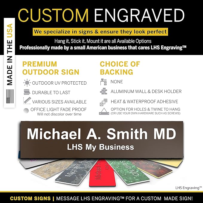 Door Name Plate Personalized for Office Brown Plastic Name Plate with White Letters - Made in USA 2x10 B25
