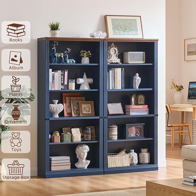 RWYHG 70" Blue Tall Bookshelf Set of 3,5-Tier Thick Wooden Book Shelf with Adjustable Shelves,Free Standing Farmhouse Bookcase with Open Display Storage,Floor Vintage Bookshelves for Living Room