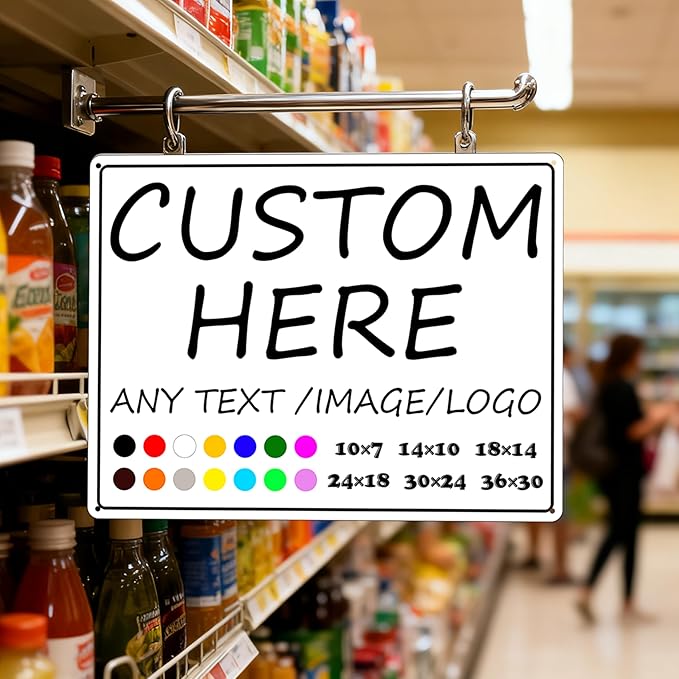 Custom Signs-14×10inches-Metal Sign Customized Sign with Your Text,Logo,photo,Prefabricated holes,easy installation, optional reflective,for Indoors/outdoors
