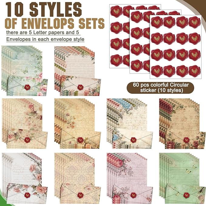 TaoBary 160 Pcs Stationery Paper Set 50 Double Sided Stationery Papers with 50 Matching Envelopes and 60 Round Dot Sticker, 10 Design(Vintage Floral,8.5 x 11 Inch)