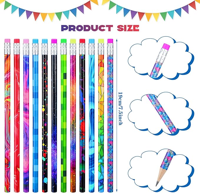 Chinco 50 Pieces Wooden Pencil with Eraser for Kids Assortment Colorful Fun Pencils Bulk with Eraser Kids Novelty Back to School Supplies for Classroom, Student Reward, Stationery Party Favors