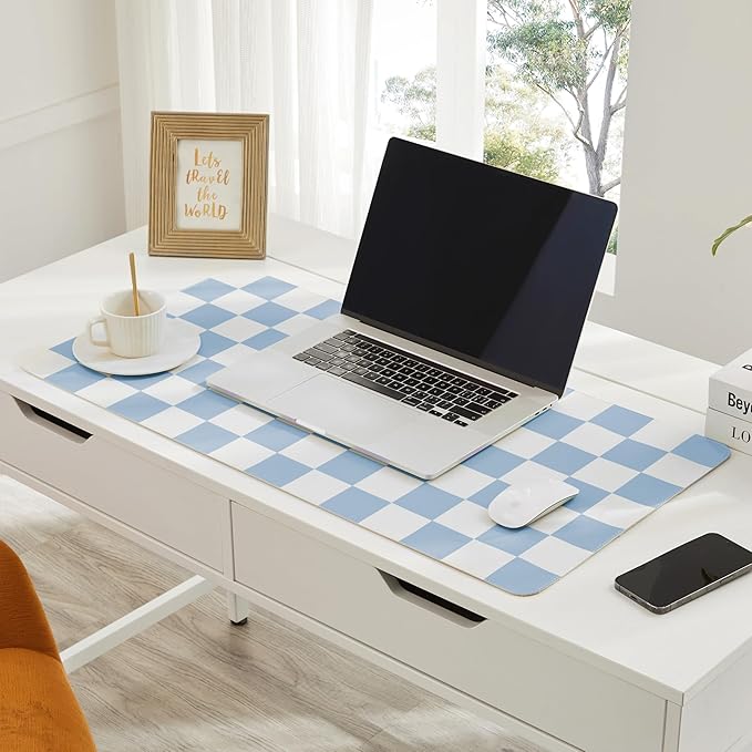 Ohocut Checkered Desk Mat, 31.5" x 15.7" Large Cute Sky Blue Aesthetic Retro Accessories, PU Leather Computer Laptop Desk Mat Mouse Keyboard Pad, Desk Writing Makeup Mat for Vanity/Work/Home Decor
