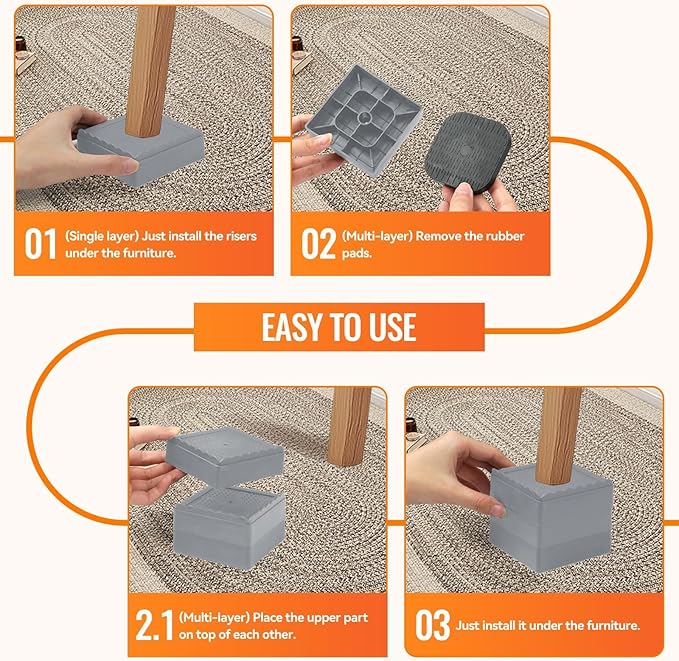 Furniture Risers, 4 Pack Bed Risers with Non-Slip Grip and Heavy Duty Support, 1 Inch 2 Inch 3 Inch 4 Inch Height Lift for Couch, Sofa, Table, Desk, Chair, Refrigerator - Gray, 1+1+1 Inch