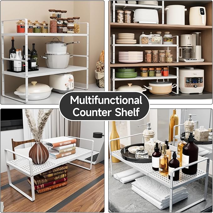 jkxoo 2Pack Expandable Cabinet Shelf Organizers, Stackable Metal Shelves Extender for Kitchen Countertop Storage, Adjustable Spices Shelves Rack Stand for Cupboard Pantry, White