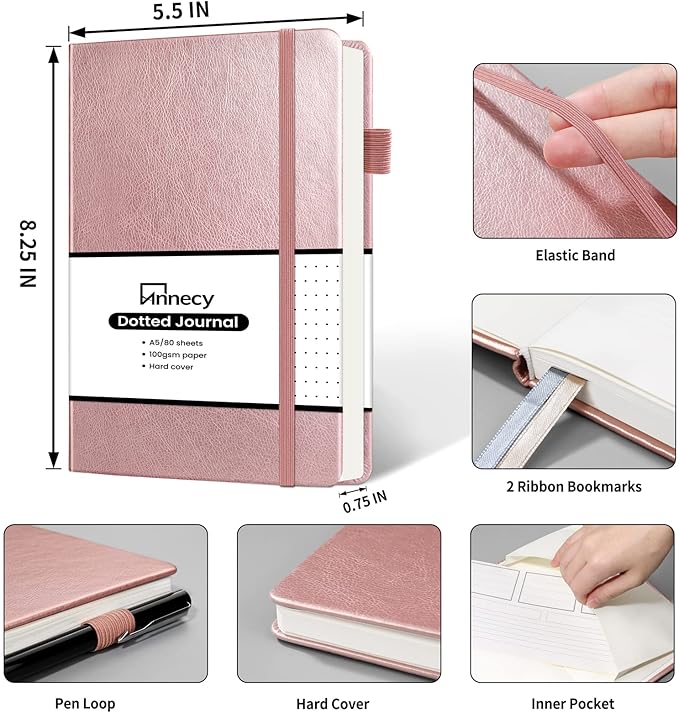 Annecy Numbered Bullet Dotted Journal Notebook, Medium 5.5x 8.25, 160 Pages 100GSM Writing Paper, A5 Rose Gold Faux Leather Cover with Pen Loop