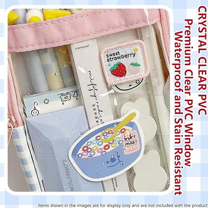 UINSUE Cute Pen case Adorable Bunny Transparent 3-Layer Large Capacity Pencil Case Gadget organizer with Lovely Stickers (Pink Polka Dot)