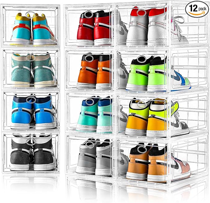 Amllas 12 Pack Clear Shoe Boxes Stackable,Shoe Storage Boxes for Closet,Sturdy Shoe Box Storage Containers with Clear Door,Sneaker Storage,Easy to Assemble,Fit up to US Size 12(13.8”x 9.84”x 7.1”)