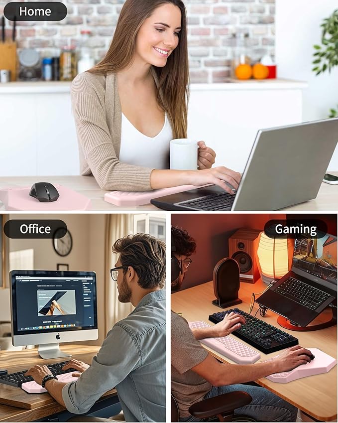 Ergonomic Mouse Pad and Keyboard Wrist Rest Support Set, Massage Design Mousepad for Carpal Tunnel Pain Relief, Memory Foam, Non-Slip PU Base for Computer Desk, Pink
