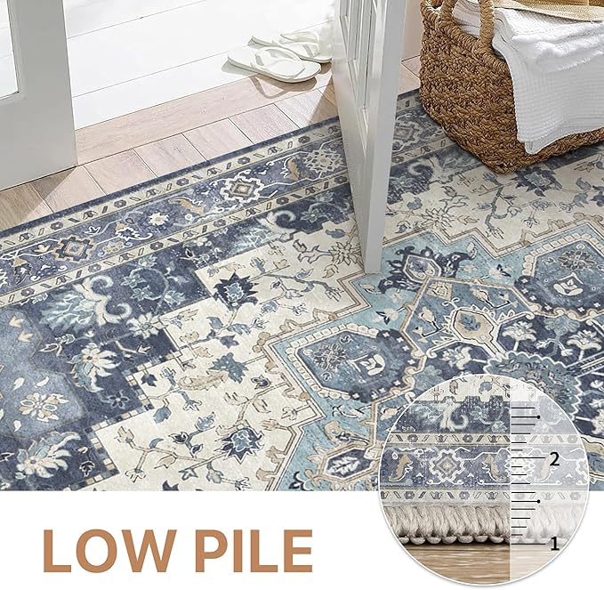 GENIMO 2'6"x10 Runner Rugs for Hallway, Machine Washable Non Slip Vintage Rugs, Low Pile Lightweight Soft Print Rug for enrtyway, Corridor, Home Office, Kitchen, Center Blue