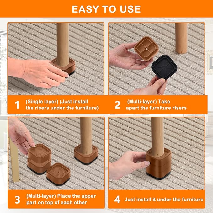 shouwuhho 6 Pack Furniture Risers Adjustable Bed Risers Heavy Duty Lifts Height 1", Square Stackable Bed Risers 1, 2 or 3 Inch for Desk Leg Table Couch Sofa Chair Bed Frame Legs Dorm, Brown