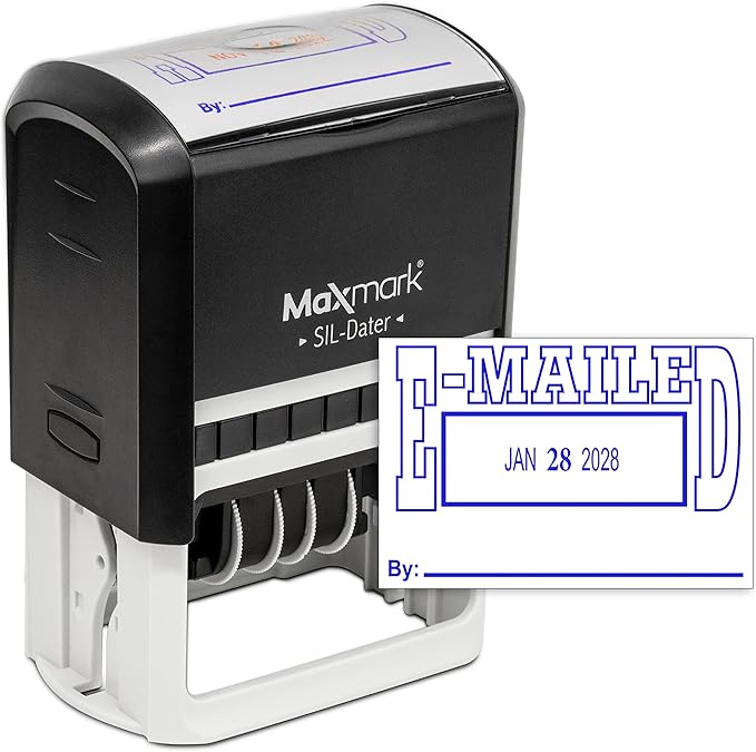 MaxMark Large Self-Inking Rubber Date Office Stamp with E-Mailed Phrase & Date - Blue Ink, 12-Year Band - Style 5