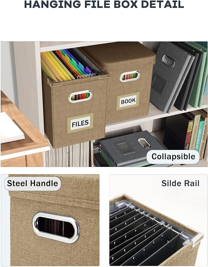 Oterri File Organizer Box with Lid, Hanging Filing File Box with Mesh Pocket, Document Organizer Box for Letter Files, Portable Storage Box with Smooth Sliding Rail for Office&Home(1 PCS, Khaki)